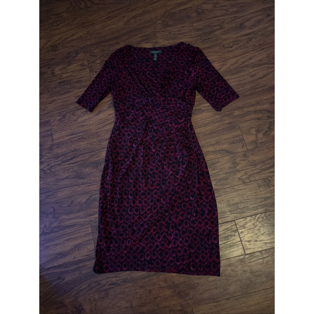 Lauren Ralph Lauren Womens Short Sleeve Knit Ruched Shift Dress Size 8 Abstract